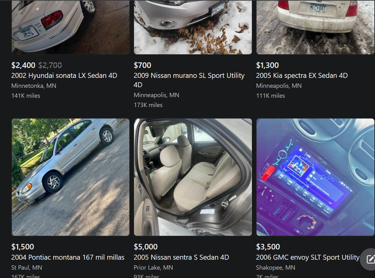 Vehicles listings on Facebook marketplace