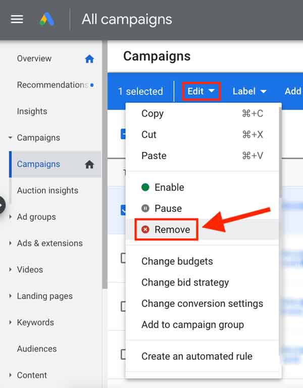 How to delete google ads campaign.